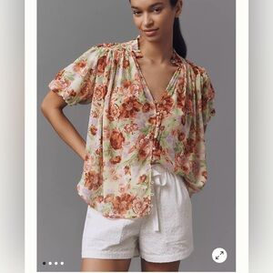 Anthropologie The Estela Short-Sleeve Printed Blouse